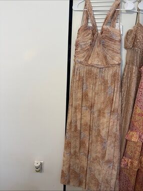 Amsale Beige Printed Maxi Dress with Ruched Bodice Size 14